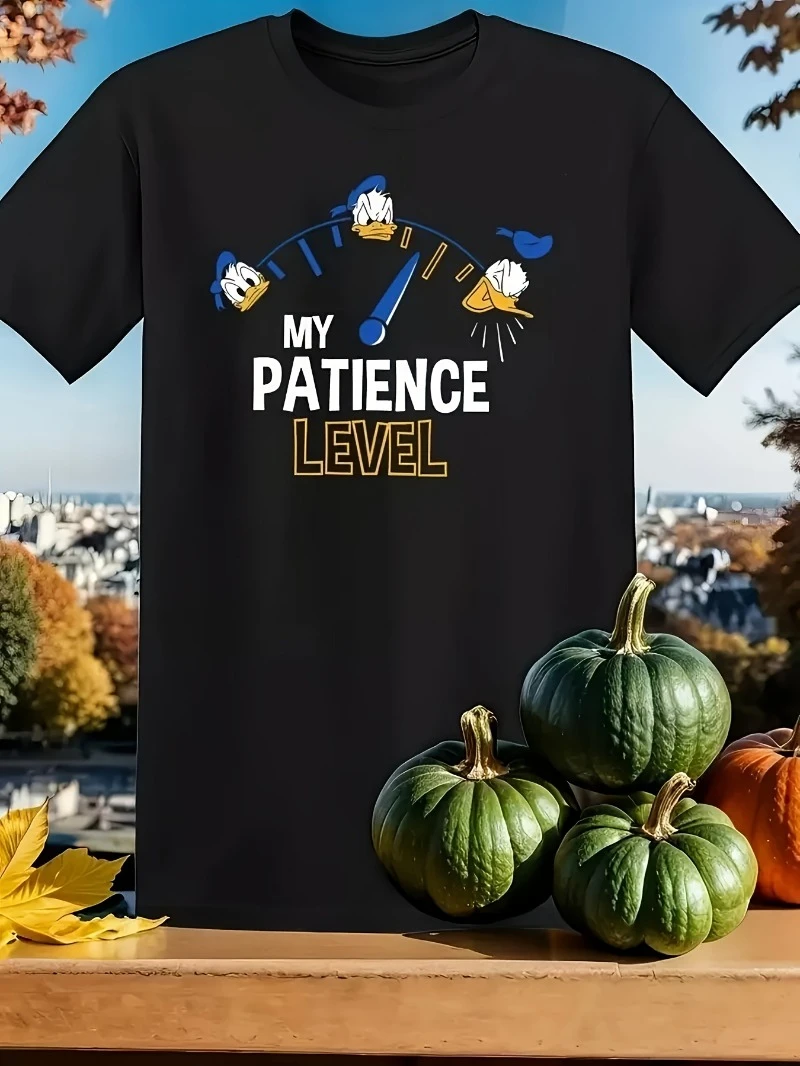 

Donald Duck My Patience Level Pattern T-shirt - Black, White and Blue Design Unisex Casual Pure Cotton Comfortable Loose T-shirt