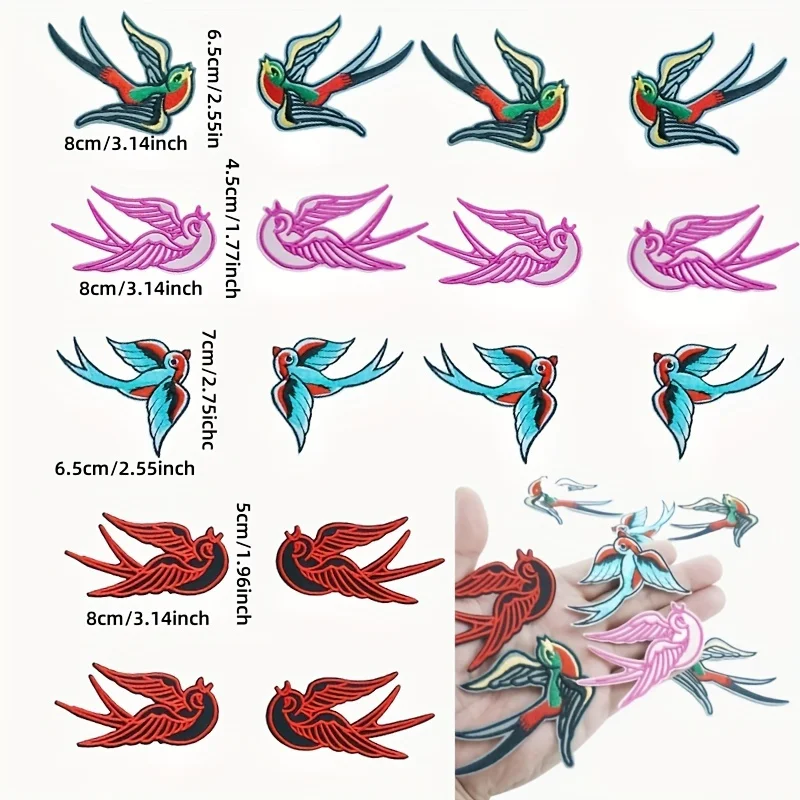 16 embroidered fabric patches with colorful swallow patterns, suitable for sewing or ironing on, perfect for DIY decorations lik