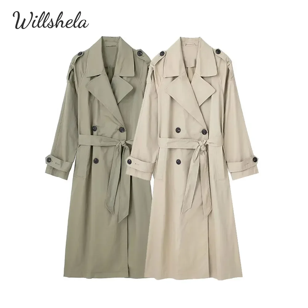 Willshela Women Fashion Basic Solid Trench High Waist with Belt Notched Collar Long Sleeves Female Chic Lady Casual Mujer Outfit