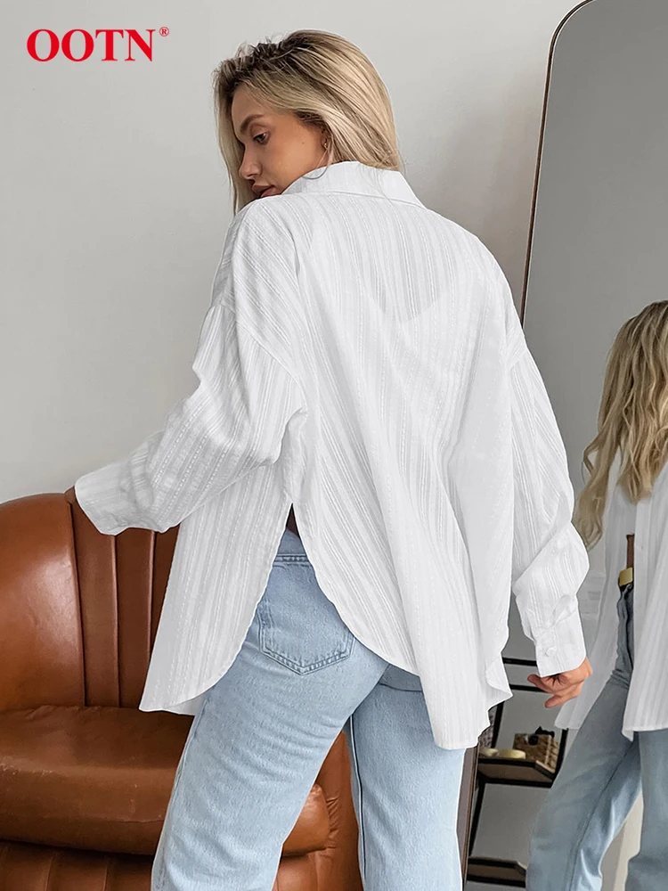 OOTN Elegant Cotton White Shirts Blouses For Women Summer Solid Long Sleeve Jacquard Shirts Fashion Ruched Slit Tops Blouse 2024