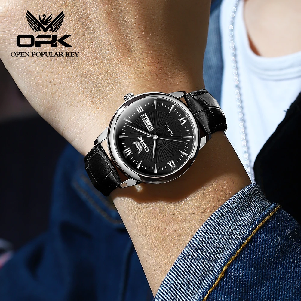 Opk 6014นาฬิกาควอทซ์ผู้ชายใหม่นาฬิกาแฟชั่นสองปฏิทินกันน้ำของแท้สายนาฬิกาหนังหรูหรานาฬิกาข้อมือสำหรับผู้ชาย