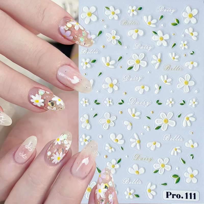 1Pc 3D White Daisy Nail Sticker Spring Cherry Flower Butterfly Insect autoadesivo Manicure decalcomania Charms fai da te