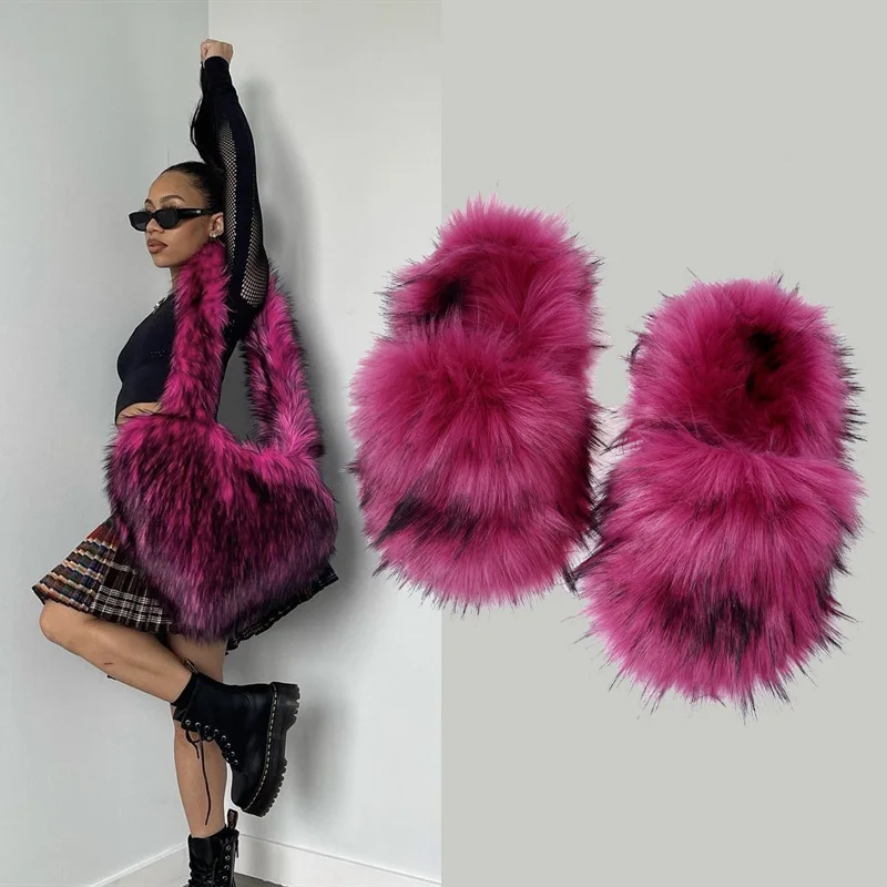 2023 New Raccoon Fur Slippers Plus Size Women\'s Shoes High-end Plush Home Slippers Ladies Shoes Slung Plush Love Bag Slipper Set