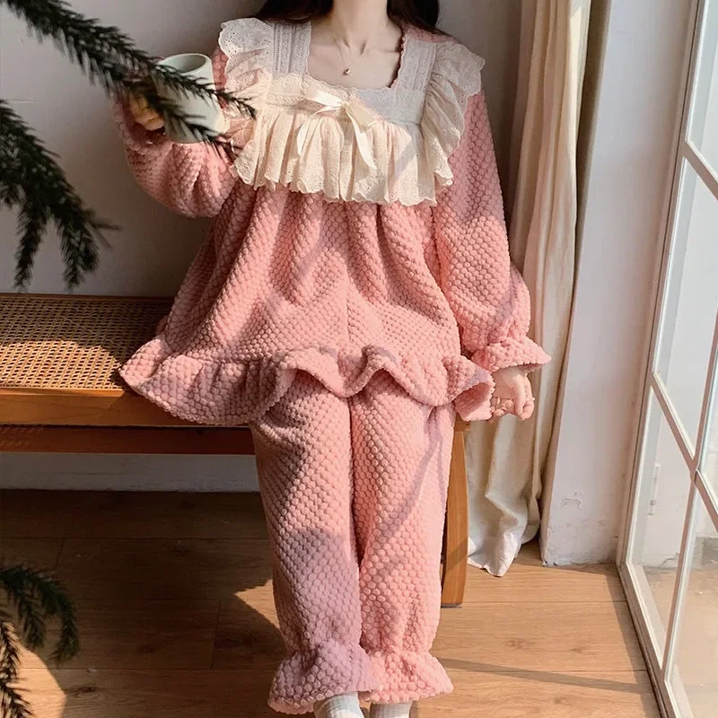 2024 New Pajama Woman's New Fleece Thick Loungewear Coral Fleece Solid Color Sleepwear Simple Sweet Princess Style Homewear Set