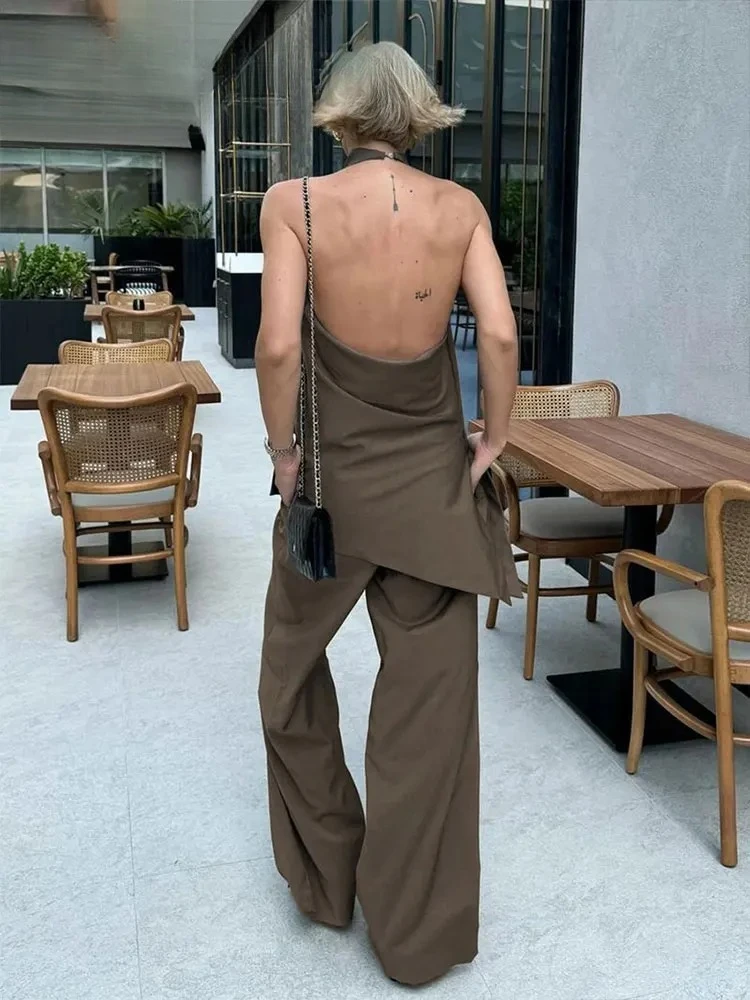 

Women Vintage Solid Pant Sets Sexy Backless Halter Camis Top Asymmetric Tank Top + Drawstring Trousers Fashion Streetwear