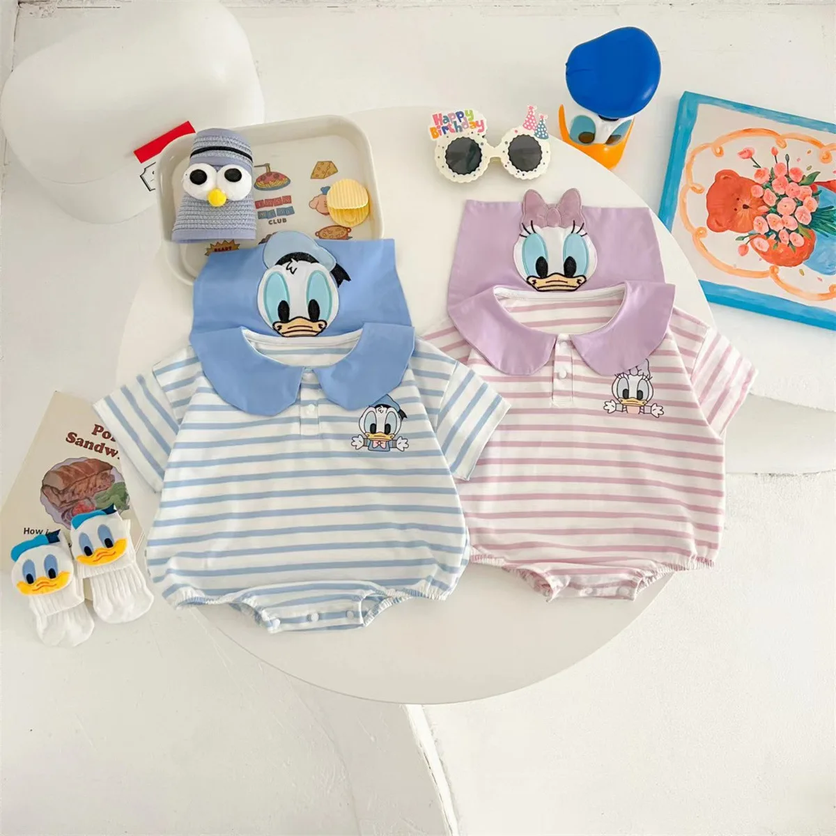 Cartoon Donald Duck Daisy Triangle Wrap Fanny Coat Striped Navy Collar Style Cute Boy and Girl Baby Summer Fashion Clothes