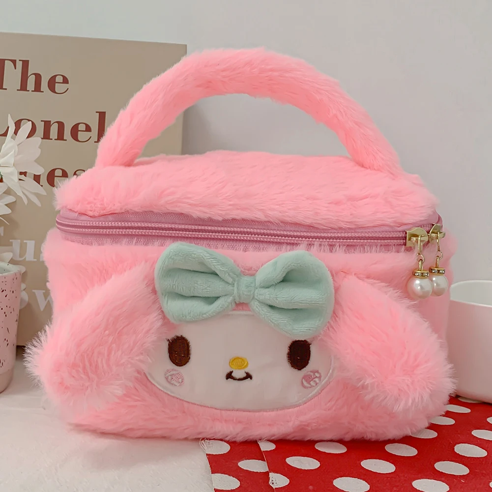 Cartoon Japanese Anime Soft Plush Makeup Pouch Lovely Design Fluffy Cosmetic Bag Portable Travel Zipper Furry Storage Handbags