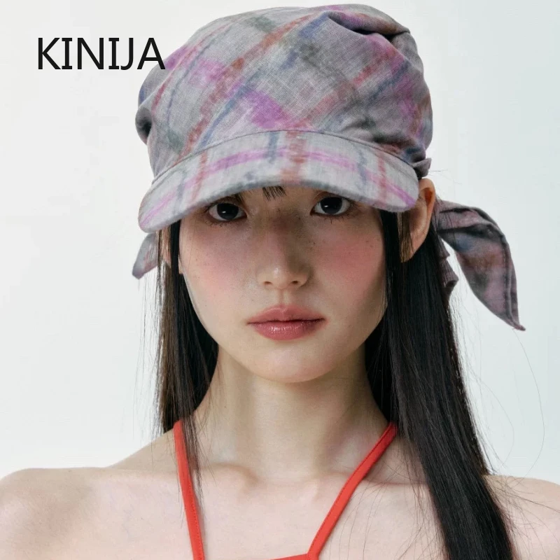 New Korean Original Ins Plaid Triangle Scarf Cap Women's Y2K Spicy Girl Bucket Hat Trendy Sun Protection Summer Hat Baseball Cap