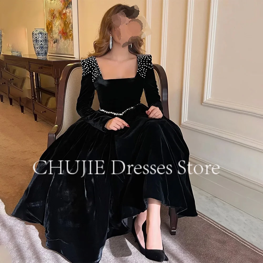 Robe de Soirée Élégante en Velours pour Femme Arabe Saoudite, Tenue de Bal Personnalisée à Manches sulfavec Perles et Paillettes