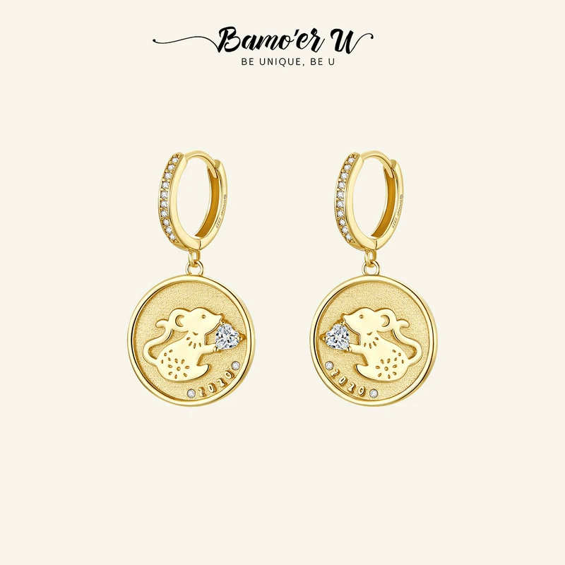 BAMOER U 925 Sterling Silver Lucky Mouse CZ Hopp Earrings, Plated In Gold New Fashion Ear Hoops Jewelry