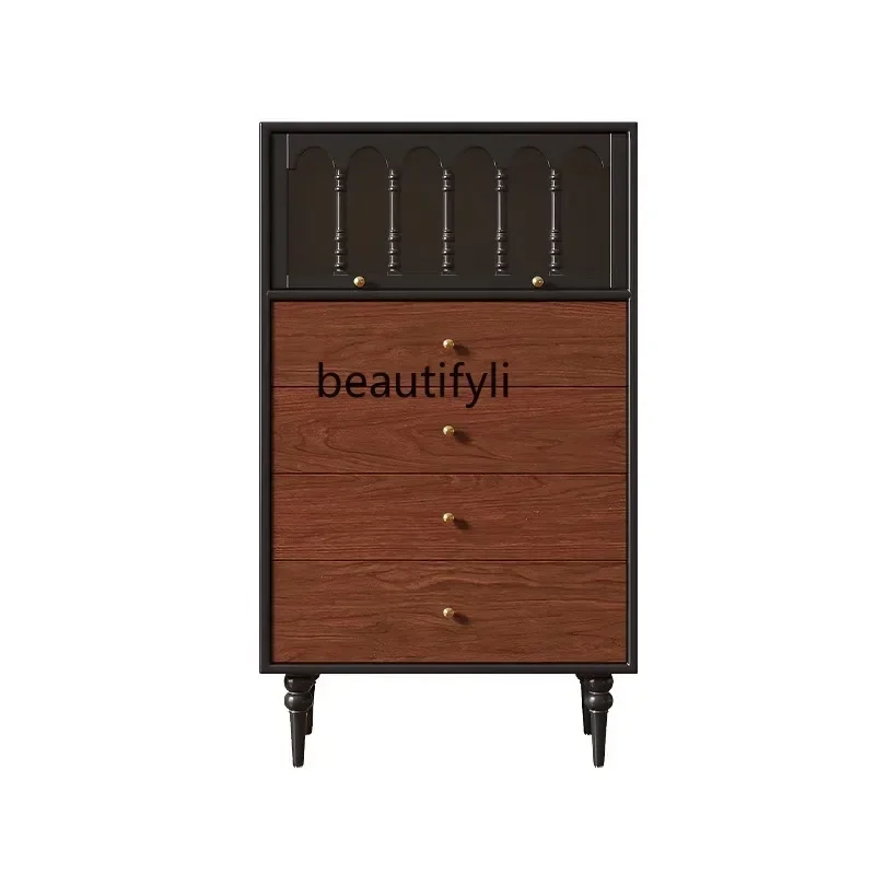 

French retro solid wood bedroom medieval storage cabinet small apartment household side cabinet color matching bedside chest53