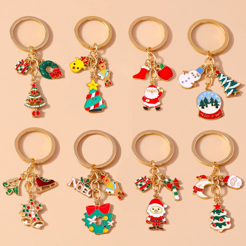 Cute Enamel Christmas Keychain Snowman Santa Claus Key Ring Pendants for Key Holder Women Girls Handbag Decor Jewelry Gifts