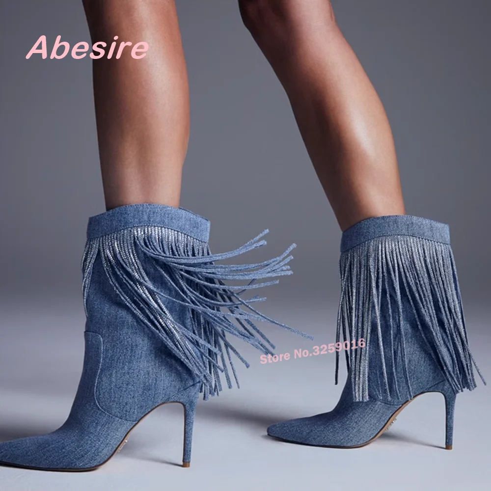 

Pointy Fringe Ankle Boots Stiletto Heels Tassels Crystal Women's Boots Winter Slip On Solid Denim Shoes Newest Luxury Big Size