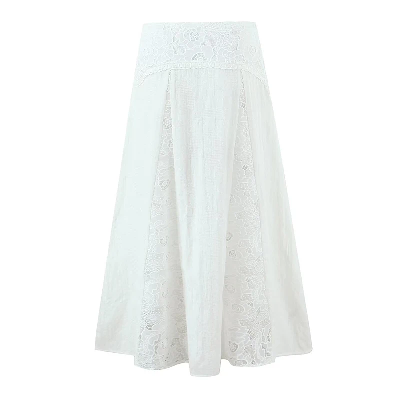 YENKYE New 2026 Lace Patchwork White Long Skirt Women High Waist A-line Holiday Summer Skirts