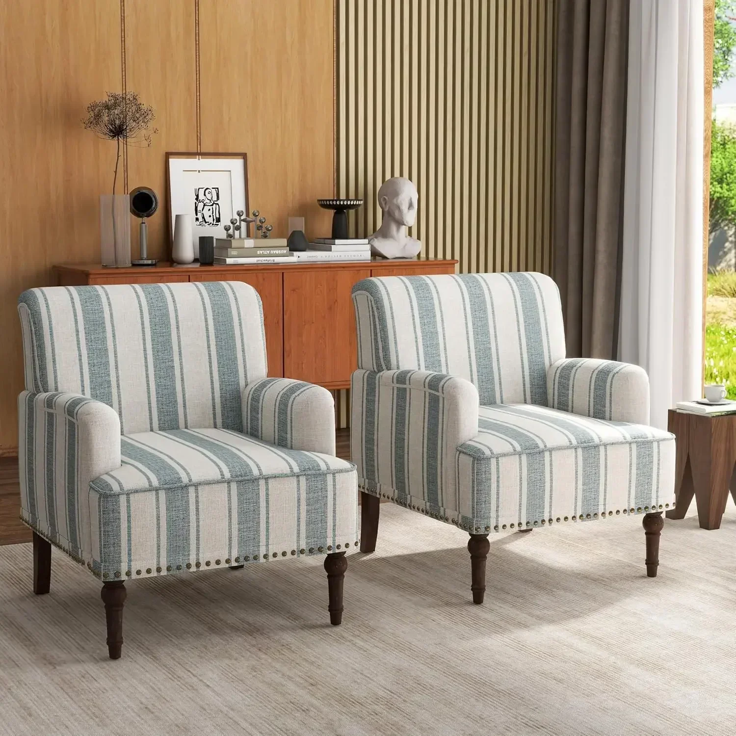 Stripe Accent Chairs Set of 2, Living Room Arm Chair Modern Nailhead Trim Club Armchair , Blue