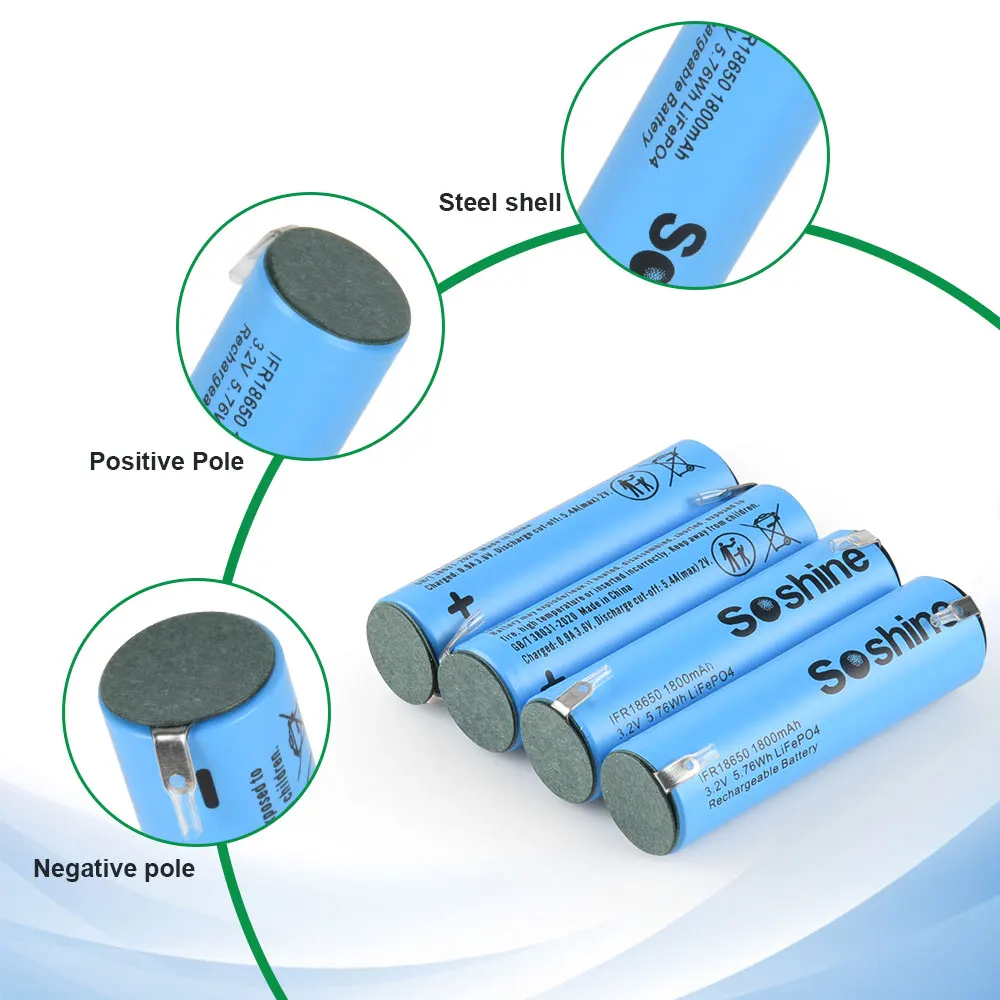 Soshine 18650 1800mAh LiFePo4 Battery with Welding Tabs 3.2V 18650 Rechargeable Battery High quality 1800mAh LiFePo4 Batteries