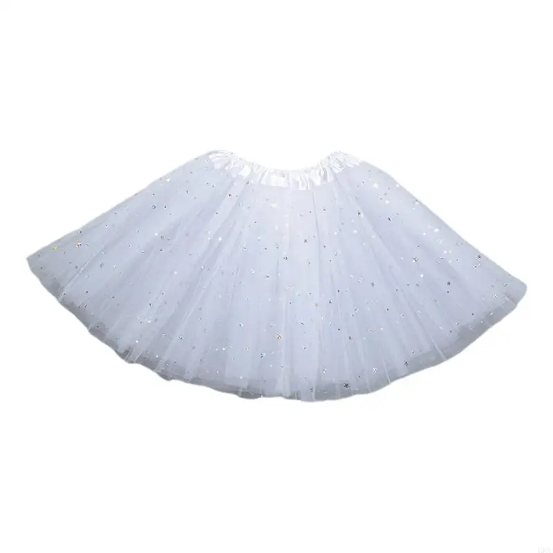 40GC Women Adult Elastic Waist Skirt Shiny Sequins Solid Color Layered Mesh Ballet Dance Dress Petticoat