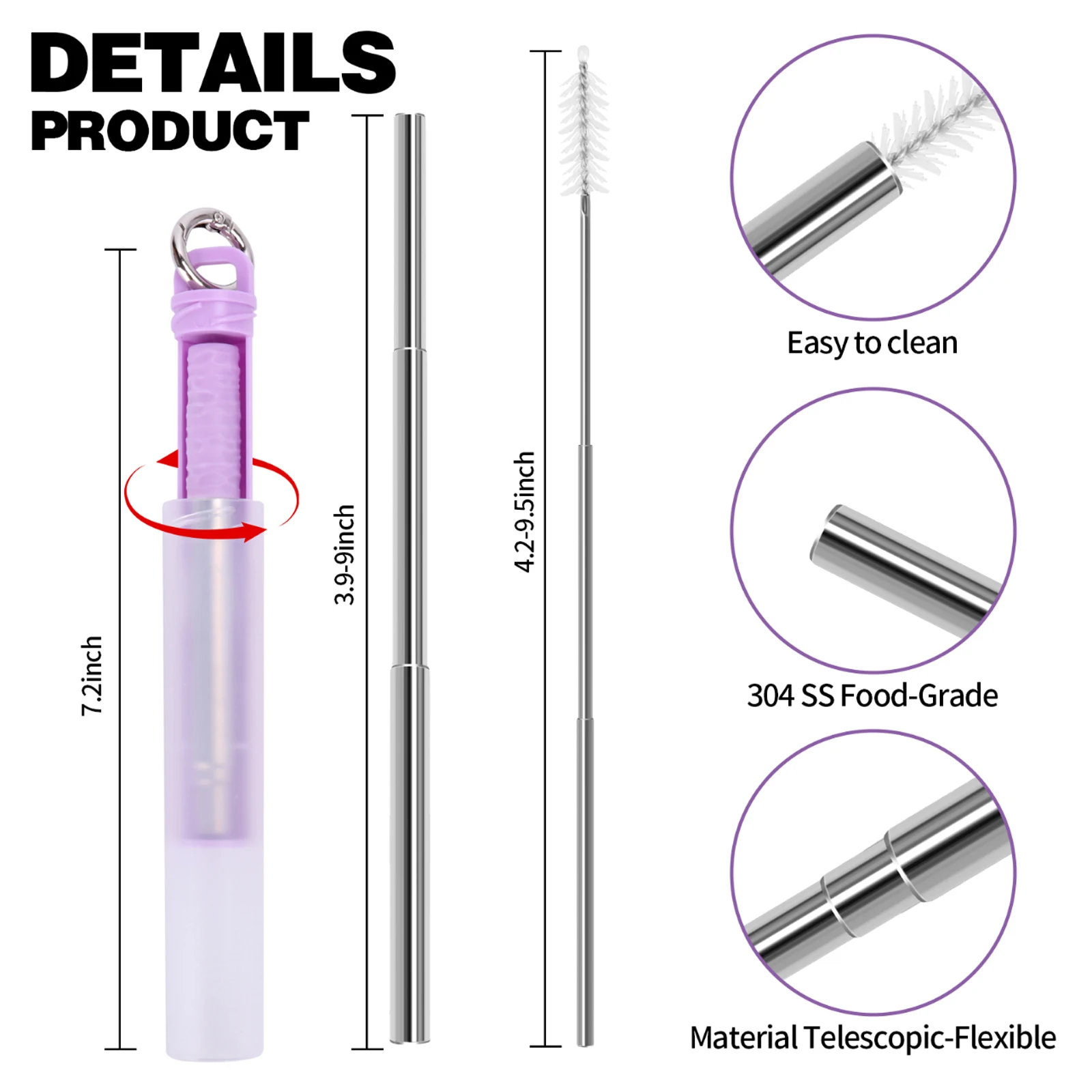 Reusable Pocket Straws Retractable Stainless Steel Straws with Cleaning Brush Portable Folding Straw Set with Keychain Organizer