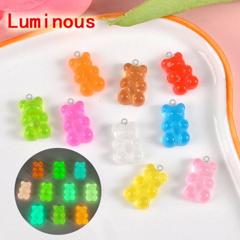 20pcs Luminous Candy Small Bear Resin Charms Kawaii Popular Gummy Bear Earring Bracelet Pendant Findings Diy For Jewelry Make