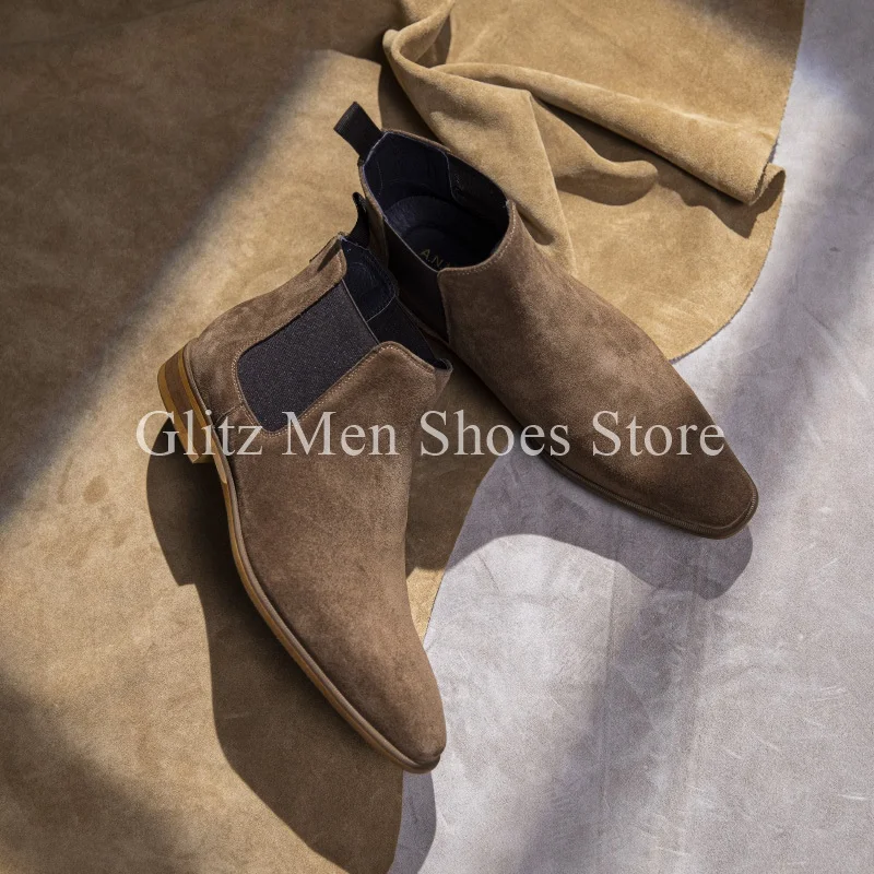 Men\'s Ankle Boots Classical Suede Heeled Vintage Frosted Slip On Casual British Style Handmade Business Dress Shoes Men Boots