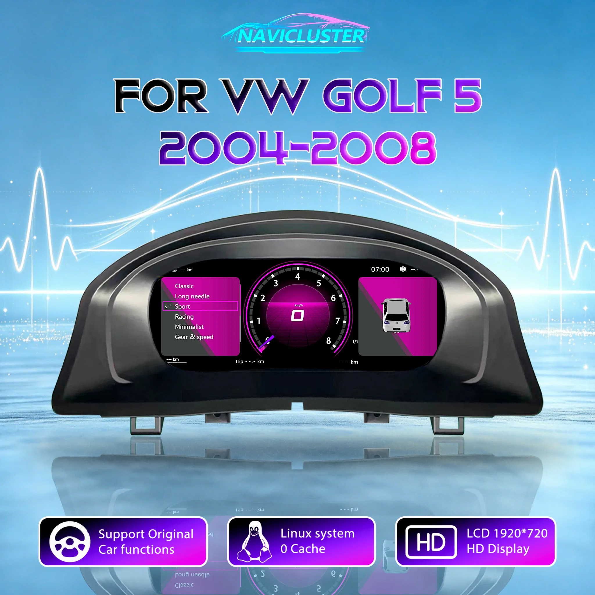 HD-Bildschirm 1920*720 Tachometer Linux LCD Digitales Dashboard für VW Golf 5 MK5 Baujahre 2004-2008 Cluster Auto Instrumententafel Cockpit
