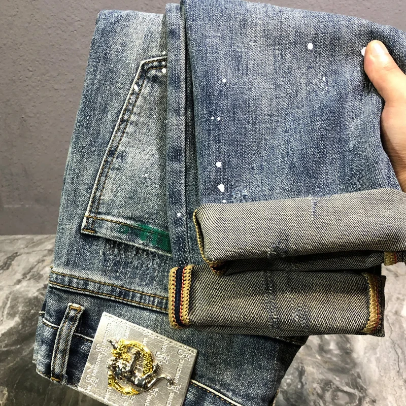 Spetterende Inkt Tie Dye Gat Jeans Mannen Lente Persoonlijkheid High Street Casual Plakken Elastische Kracht Slanke Contrasterende Kleuren Broek