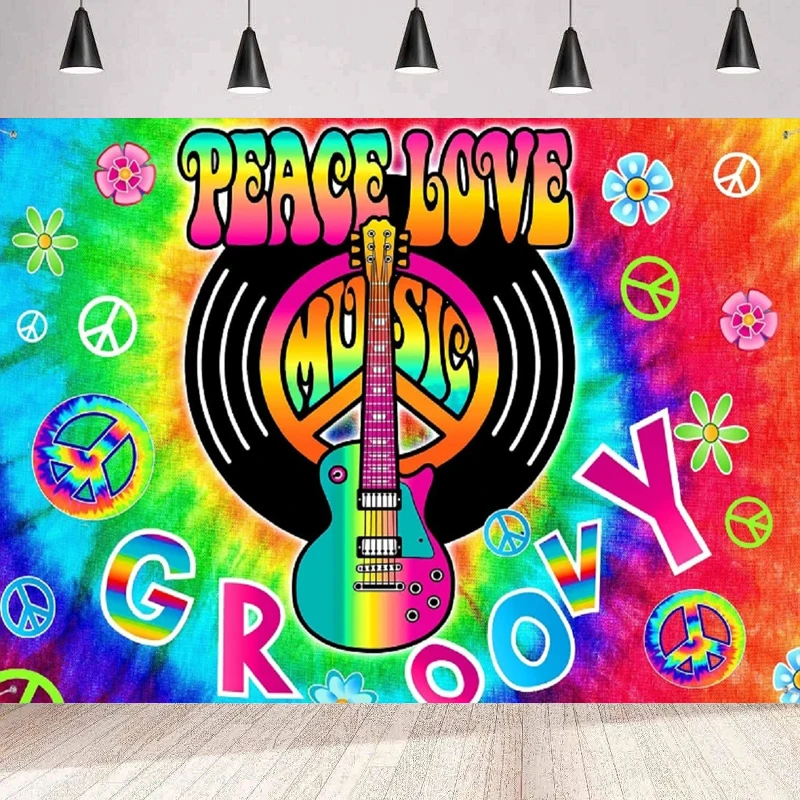 Photography Backdrop Peace And Love Hippie Colorful Flowers Guitar With Rainbow Background Party Backdrop Wall Banner Poster