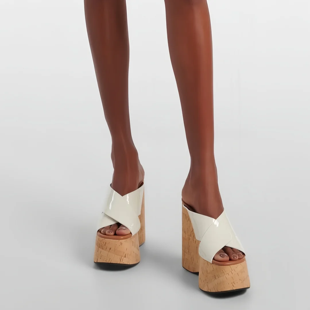 2025 S/S Mulas deslizantes de rafia con punta abierta para mujer: cuña de plataforma gruesa y calzado elegante para vacaciones a piscina