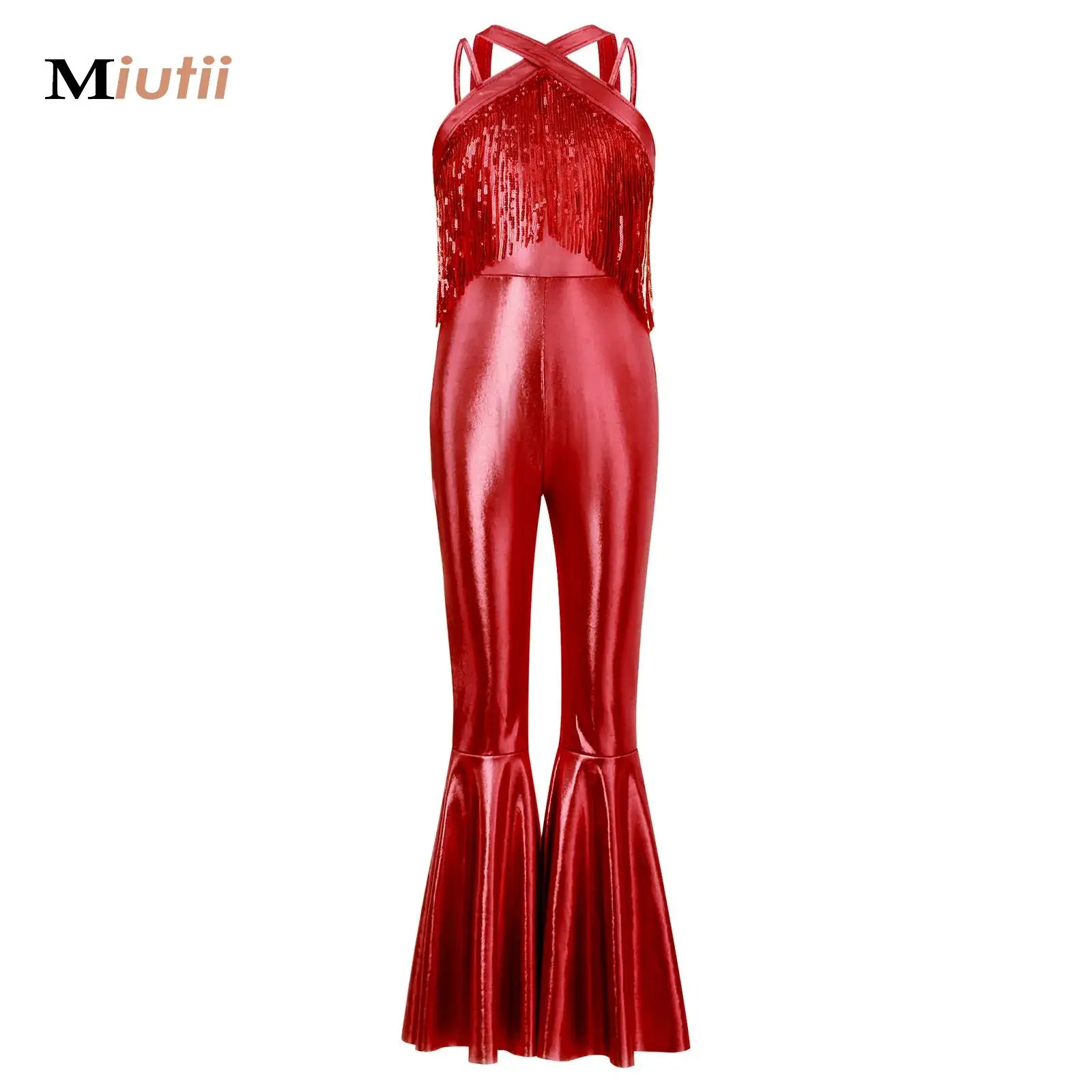 

Teens Girls Jazz Disco Dancewear Metallic Tassels Rompers Sleeveless Sequins Bell Bottom Jumpsuit for Performance Competition