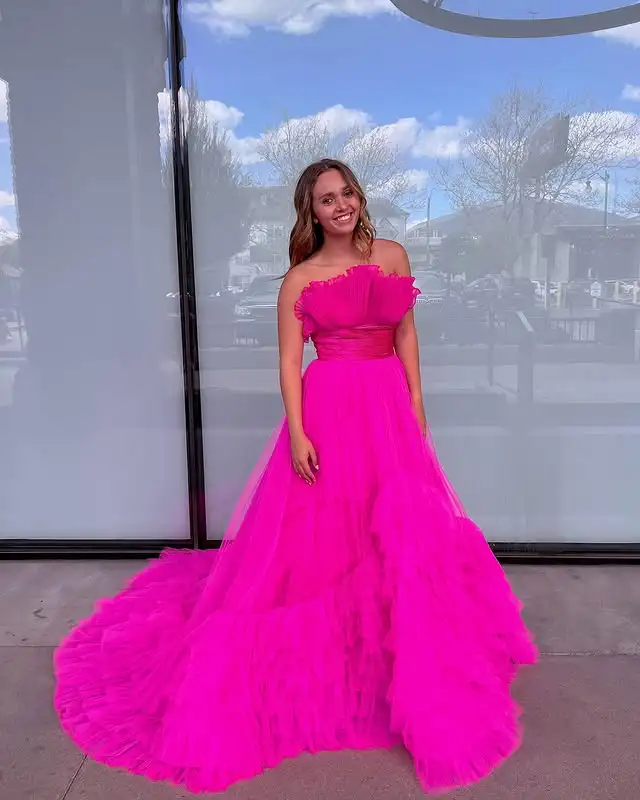 Pretty fuhsia ruched longo tule vestidos formais com fundo tutu em camadas sem alças a linha tutu tule maxi vestidos