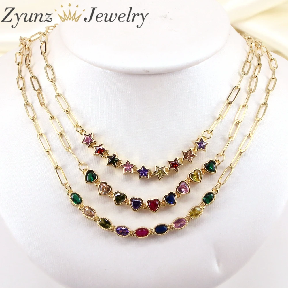 5PCS, Sparkling Colorful Oval / Star / Heart Zircon Paperclip Chain Necklaces For Women Link Chain Necklace Summer Jewelry