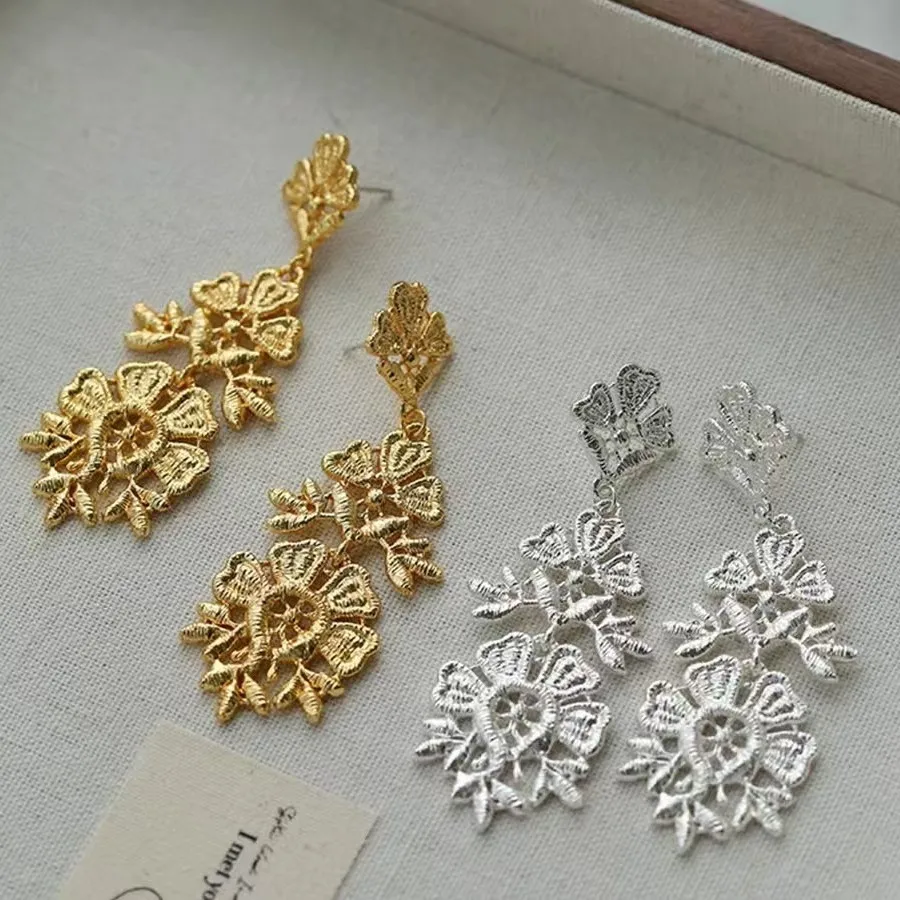 

NS Style Hollow Lace Metal Earrings - Elegant Embroidered Flower Bridal Wedding Evening Gown Accessories for Women M361