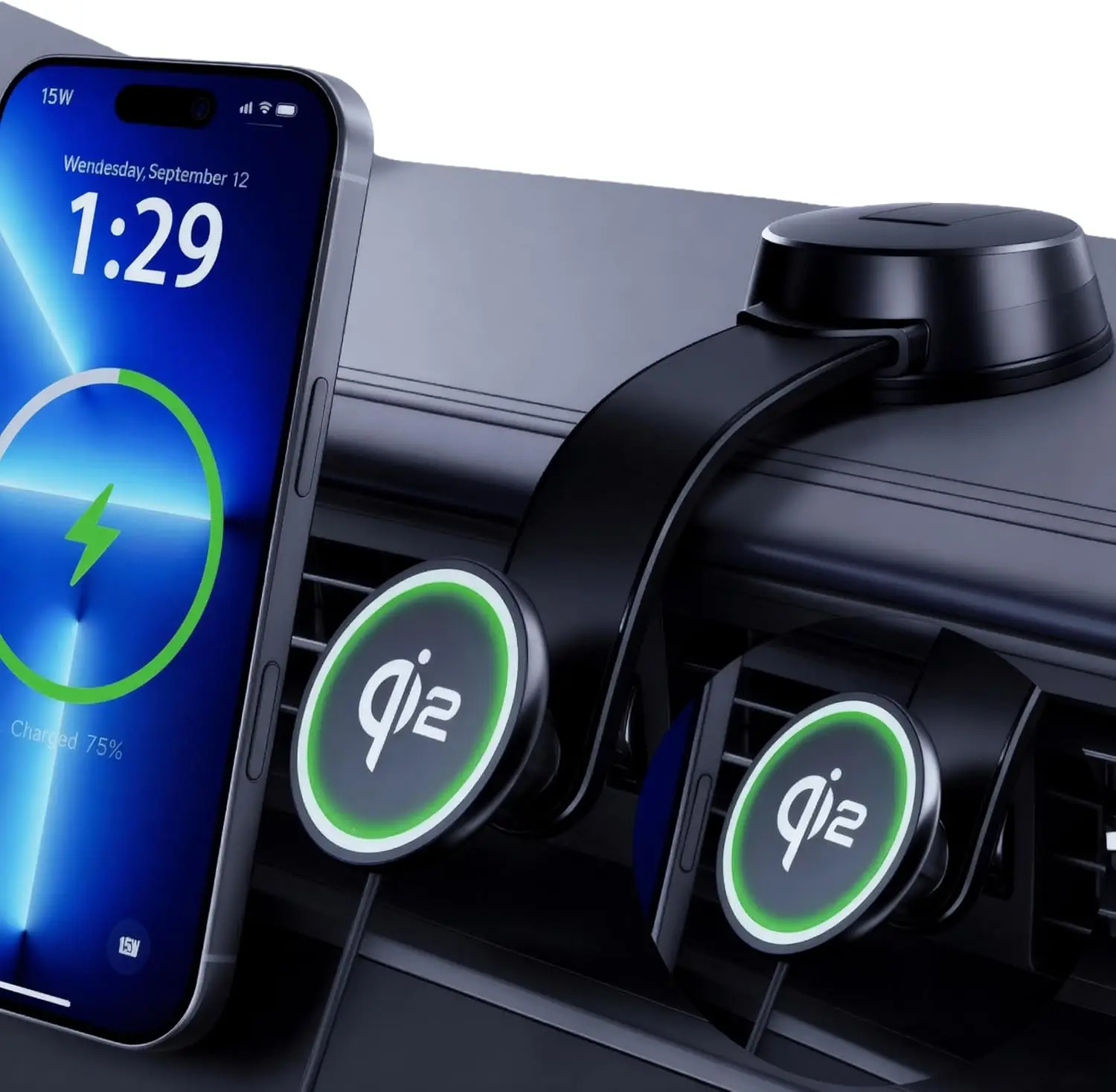 

Qi2-Certified 15 Вт беспроводное автомобильное зарядное устройство MagSafe, 2 быстрая зарядка, сильное всасывание для iPhone 17/16/15/14/13/12 Pro Max