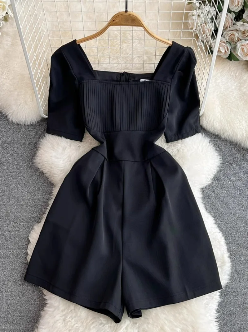 Square Collar Puff Sleeve Summer Jumpsuit 2024 New Vintage Monos Mujer Elegante High Grade Bodysuit Slim Wide Leg Shorts Romper