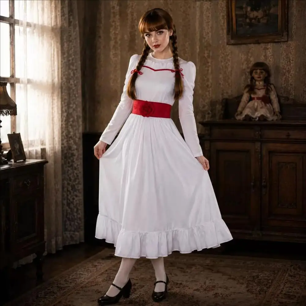 Disfraz de muñeca de terror vintage para mujer, disfraz de Halloween aterrador, conjunto completo con peluca sintética para carnaval