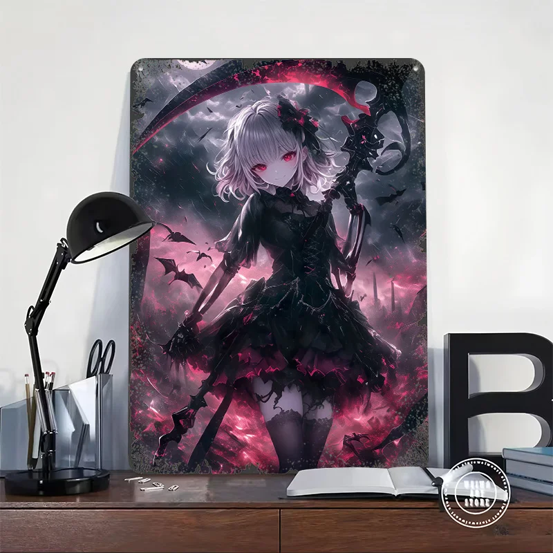 Demon Grim Reaper Girl Poster Customized Wall Art Vintage Metal Signs Retro Tin Plaque for Man Cave Setup Decorations Desk Decor