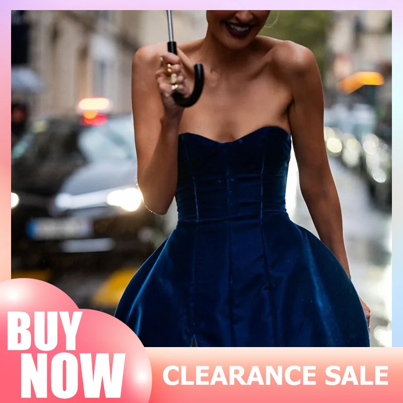 Blue Velvet High Waist Strapless Dress Sexy Elegant Backless A-line Mini Dresses Party Club Festivals Banquet Dresses Vestido