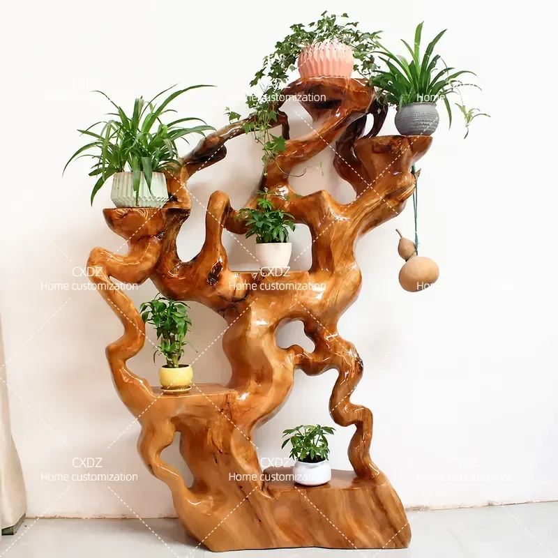 Camphor Wood Root Carving Flower Stand Solid Wood Natural Tree Root Base Floor to Ceiling Multi Layer Living Room Bonsai