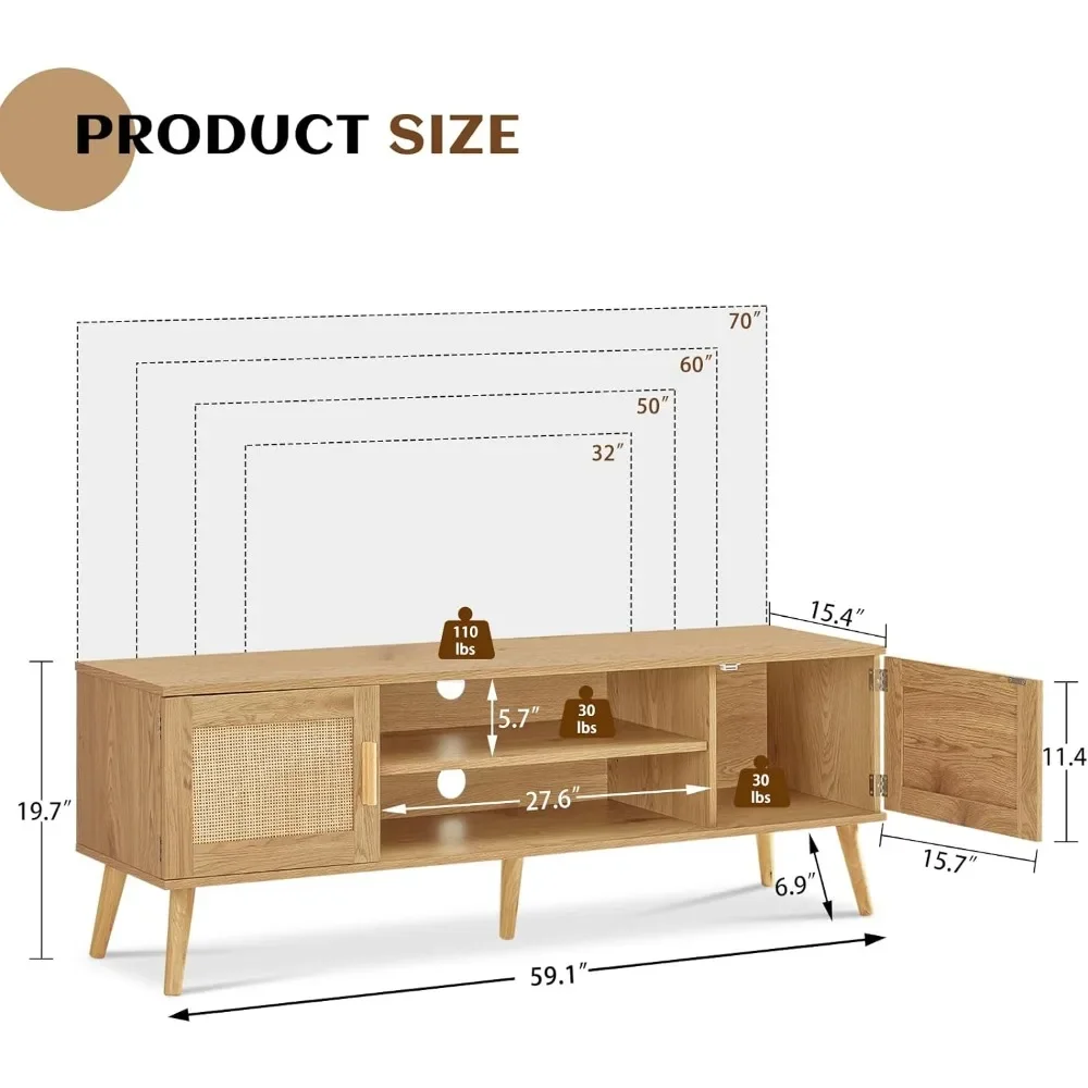 Iwell Boho Rattan Mid Century Modern TV Stand for 55 65 70 Inch TV, Large TV Console, Entertainment Center with Adjustable Shelf image 5