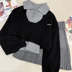 Winter Korean Preppy Style Knit 2 Piece Set Women Chic Pullovers + Gray Vest + Slim Pleated Skirt New Retro Casual Knitted Suits