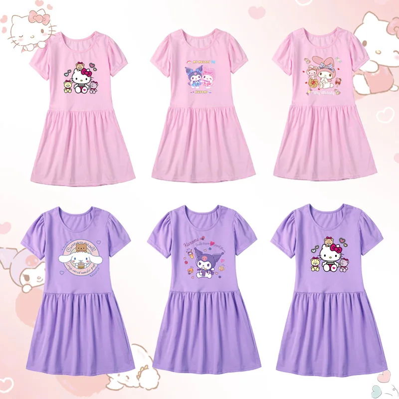 Sanrios Hello Kittys Dress My Melody Kuromi Girls Short Sleeve Dress Cartoon T-Shirt Fashion Princess Dress Summer Kids Clothes