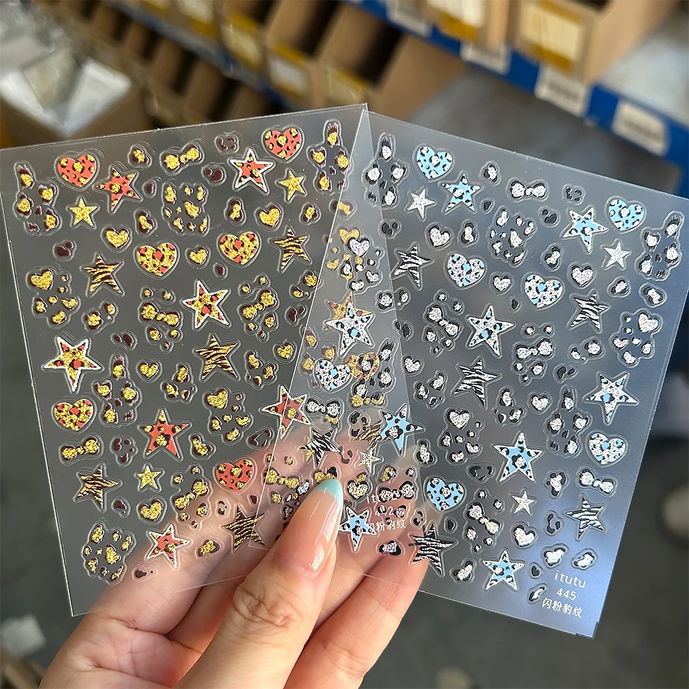 5 pçs colorido glitter leopardo impressão arte do prego adesivos estrela coração leopardo ponto rosa vermelho marrom decalques de unhas adesivo sexy sliders