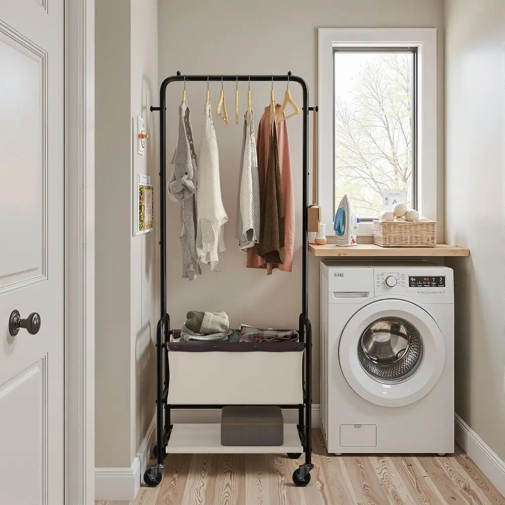 عربة غسيل دوارة باللون البيج مع قضيب تعليق وسلة تخزين للفرز #3