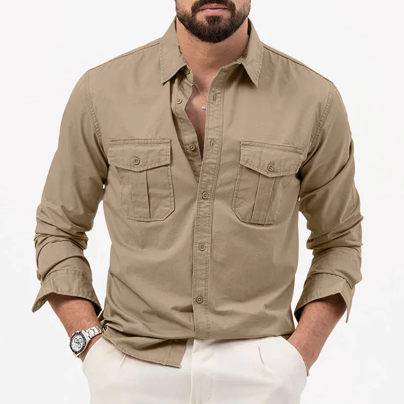 Army Green  Long Sleeve Shirts  For Men Chest Two Pockets Long Sleeve Mens T-Shirt 2026 Trend Casual Loose Shirt Chemise Hombre