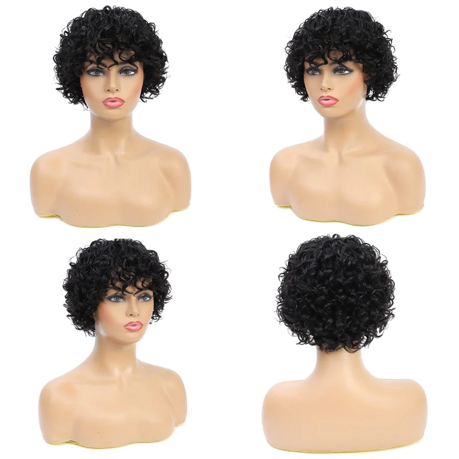 Pixie Cut Short Curly Human Hair Wigs For Black Women Bob Wigs Deep Water Wave None Lace Front Wigs Human Hair Curly Wigs With B