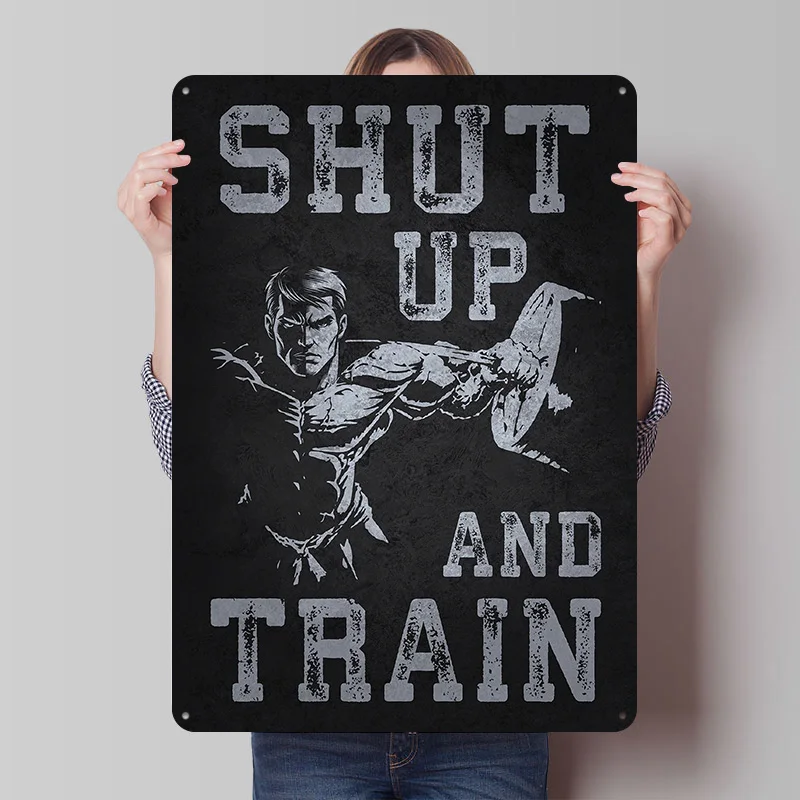 Schließ dich ab und trainiere – Motivierendes Metallposter für das Fitnessstudio, individuelle Wandkunst, Retro-Vintage-Blechschilder für die Herrenhöhle-Dekoration