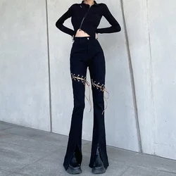 Black Womens Jeans with Slits High Waist Shot Flared Pants for Women Bell Bottom Flare Trousers Vibrant 2024 Korean Style Medium