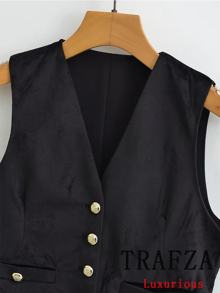 TRAFZA Casual Office Lady VestBlazer Women Solid V Neck Pockets Sleeveless Single Breasted Long Jacket Fashion 2024 Spring Coats