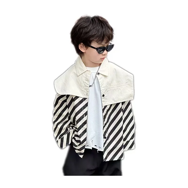 Kids Boy's Style Shirt 2025 Spring New Children's Korean Striped Shirt In Children's Spring Lapel Shirt Tide 90-150cm ﻿