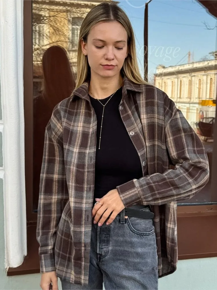 

Retro Plaid Shirt Women 2025 New Spring Autumn Casual Loose Blouse Fashion Single-breasted Long Sleeve Turn-down Collar Blouses
